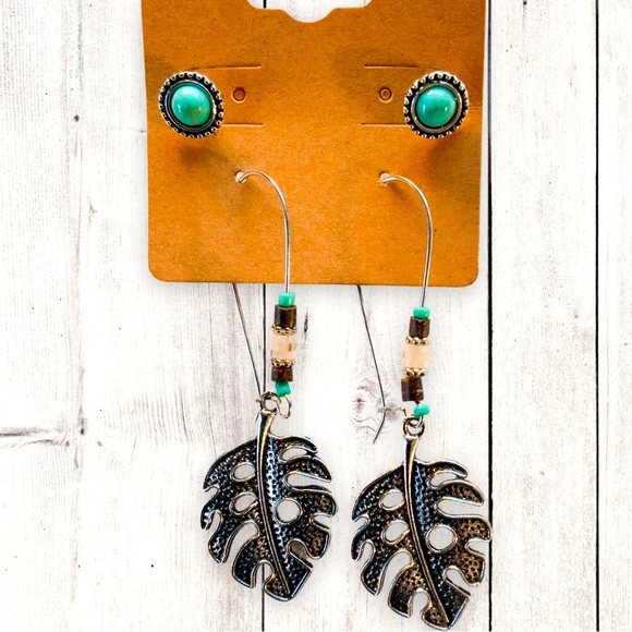 Boho Silver Tone Aqua Beaded Leaf Dangle Earrings and Turquoise Studs - Picture 4 of 16